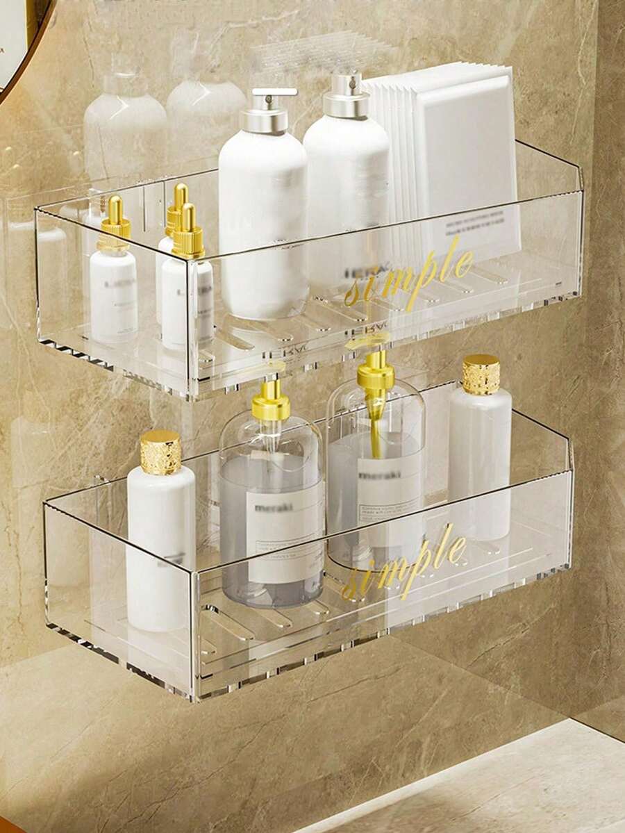 1 件浴室置物架，亚克力壁挂式梳妆台收纳架，无需钻孔 - 透明 - 查看 1