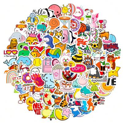 100pcs Cartoon Annimal And Quicksand Mixed Theme Stickers No Repeated Waterproof Vinyl Decals For Laptop, Water Bottles, Phone, Scrapbooking, Luggage -Creative Decoration Stickers Party Favors, Christmas , New Year , Birthday Decorations