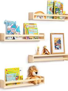 Nostalgic Children's Bookshelf - Natural Solid Wood Floating Children's Bookshelf In Rustic Style - Wall-Mounted Children's Bookshelf, Classic Rustic Style Wall-Mounted Storage Rack, Suitable For Bathroom, Kitchen, Bedroom And Office, Can Store Toys And Baby Supplies - Multicolor - View 2