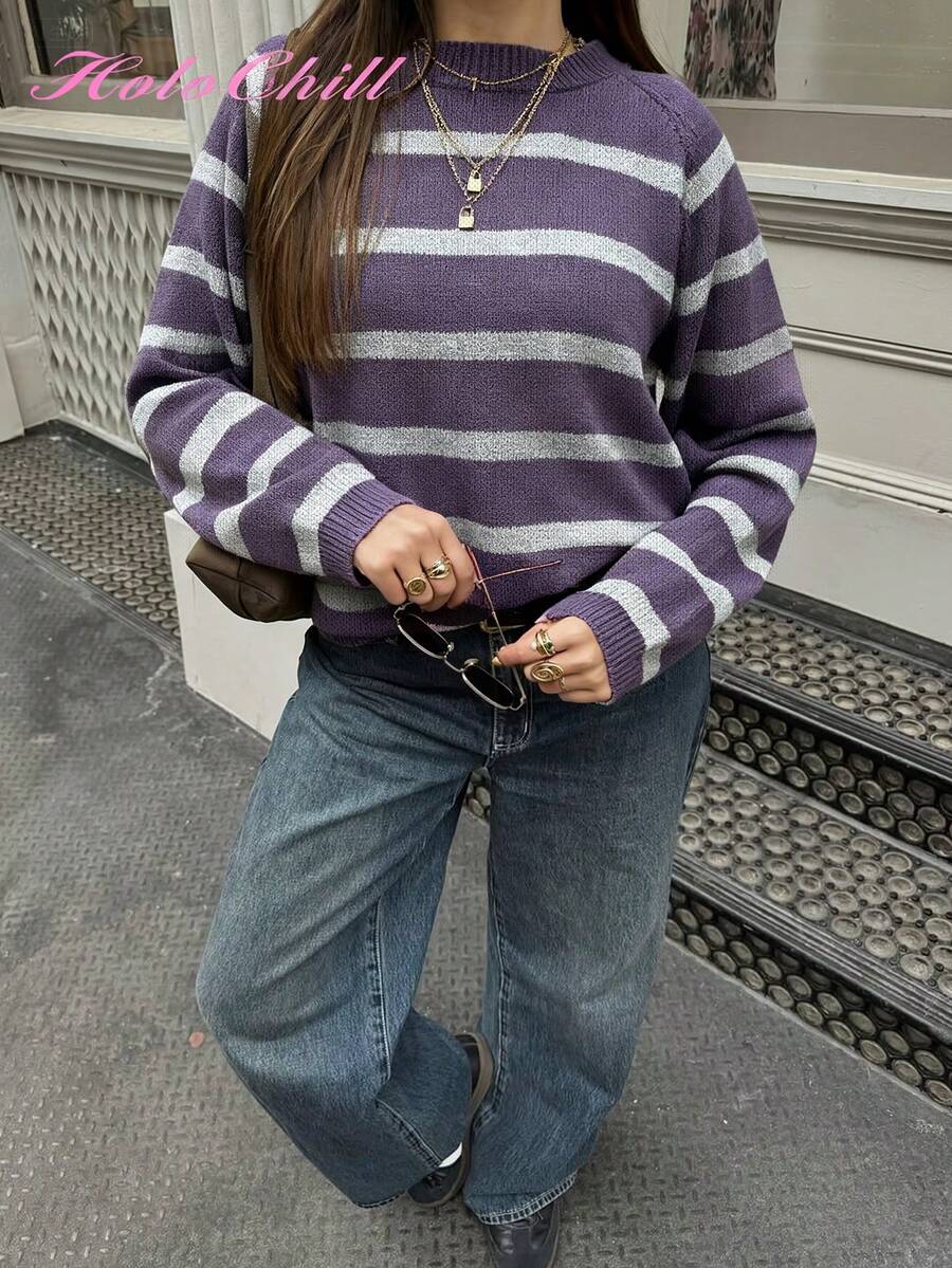 HoloChill 女款年輕網紅休閒風圓領拼色條紋針織套頭毛衣,2026夏季休閒新品,女款羅紋針織條紋套頭毛衣,長袖標準版上衣,適合春秋穿著,高彈力面料,女款休閒穿搭,秋季毛衣,返校季,返校舞會,秋冬 - 紫色 - 查看 1