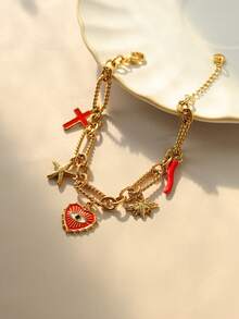 1PC Stylish Eye Starfish Cross Bee Chili Multi-Pendant Stainless Steel Gold Bracelet, Elegant Handmade Jewelry, Perfect For Girls - Exquisite Design, Adjustable Length, Perfect Gift - Gold - View 1