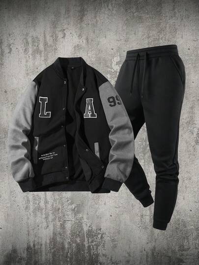 Men's Letter Print Baseball Jacket And Sweatpants Set, Autumn/Winter