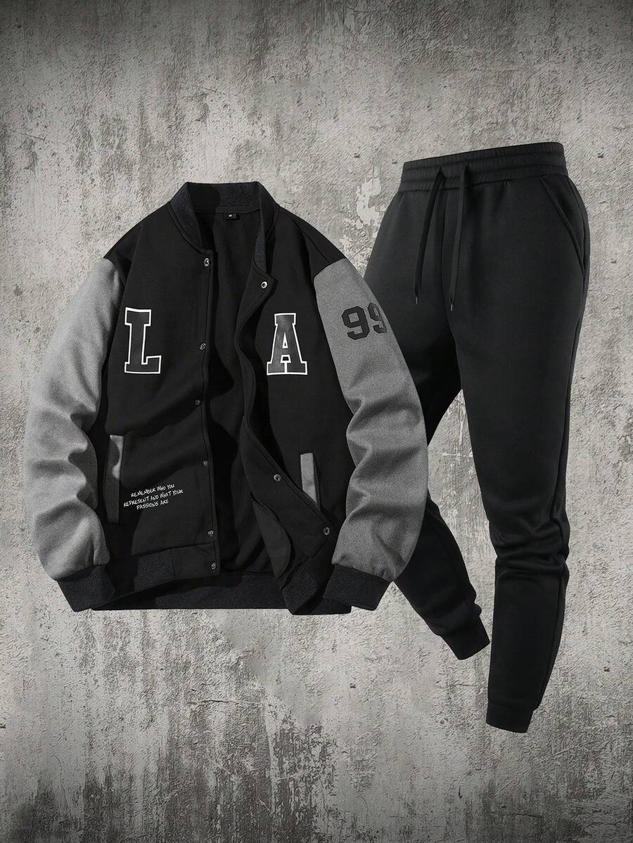 Men's Letter Print Baseball Jacket And Sweatpants Set, Autumn/Winter - Black - View 1