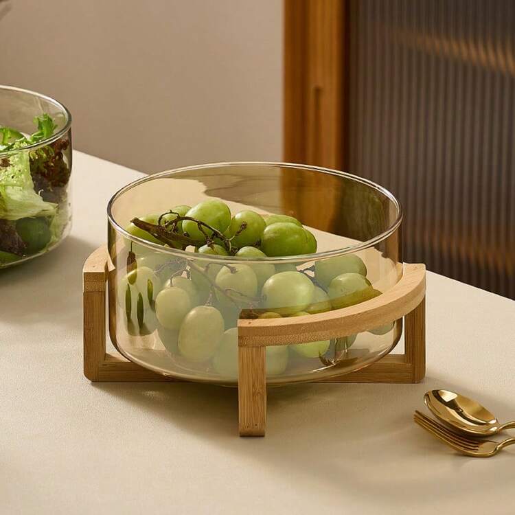 1个竹底玻璃水果碗，适用于盛放沙拉、家用水果、餐厅自助餐等，也适用于家庭、餐厅和酒店。 - 無色 - 查看 7