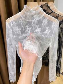 女士薄款高领蕾丝吊带背心，荷叶边网纱打底衫，2024春秋新款