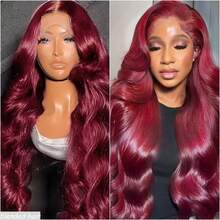 10-36英寸 180%密度 波浪卷蕾丝前假发 真人混纺发 13x4高清蕾丝前假发 真人混纺发 无胶假发 真人混纺发 预拔毛前额假发 女士真人混纺发 180%密度 波浪卷假发 带婴儿发 99J 酒红色 - S99J/BUG - 查看 4
