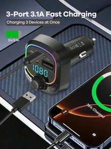 3.1A Fast Car Charger Adapter With Bluetooth For Hands-Free Calling & Music; 2 USB Ports + 1 Type-C Port; RGB Ambient Light; Type-C Charger Compatible With Apple/Android; Car Accessories For Travel; Car Stuff; Universal Car Essentials