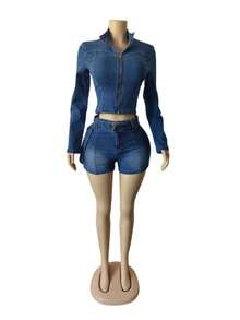 Denim Two-Piece Long-Sleeve Zip-Up Belted Bodycon Shorts Set Spring Summer Valentine's Day Outfit Trajes Elegantes De Mujer Spring Break Outfits - Màu xanh lam - Xem 2