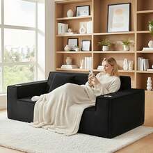 75.5" Black 3 Seater Sofa Corduroy LoveSeat Cloud Couch, Boneless Loveseats Sofa Upholstered Couch With Comfy Deep Seat,2 Cup Holders, Wide Armrests, Cloud Couch Sofa In A Box For Living Room Bedroom Office Apartment, 2 Pillows,No Assembly - 黑色 - 查看 3
