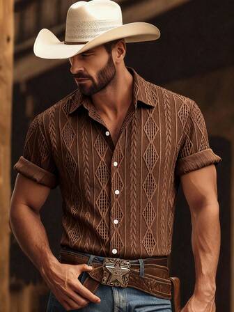 Camicia casual da uomo a maniche corte con bottoni, in tessuto jacquard con texture di base