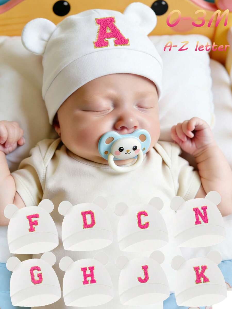 1 chiếc mũ cho bé sơ sinh chữ cái A-Z, mũ tai gấu hoạt hình, mũ mềm cho bé trai và bé gái, mũ len màu trơn, mũ chụp ảnh cho bé sơ sinh 0-3 tháng - trắng - Xem 1