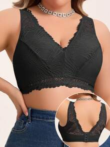 1pc Plus Size Women Embroidered Lace Deep V Wireless Comfortable Breathable Lingerie - Black - View 2