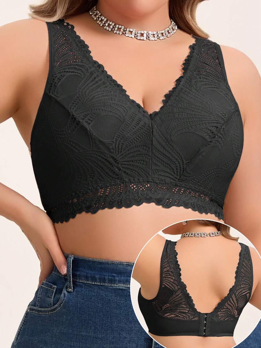 1pc Plus Size Women Embroidered Lace Deep V Wireless Comfortable Breathable Lingerie
