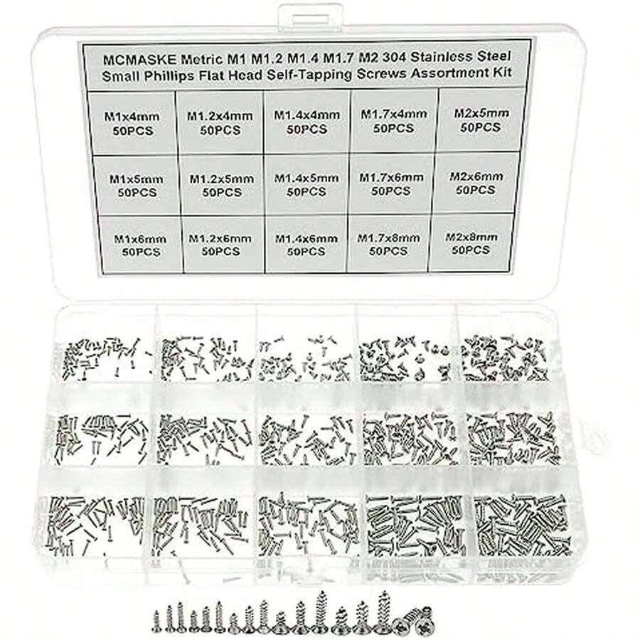 Juego de surtido de tornillos autorroscantes  de cabeza plana de acero inoxidable 304 métrico M3.5 M4.2 M4.8; Tornillos de punta autorroscantes para chapa metálica - M1 M1.2 M1.4 M1.7 M2 - Ver 1