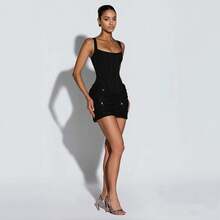 Lace-Up Sequined Halter Bodycon Dress, Fitted Party Dress - 黑色 - 查看 3