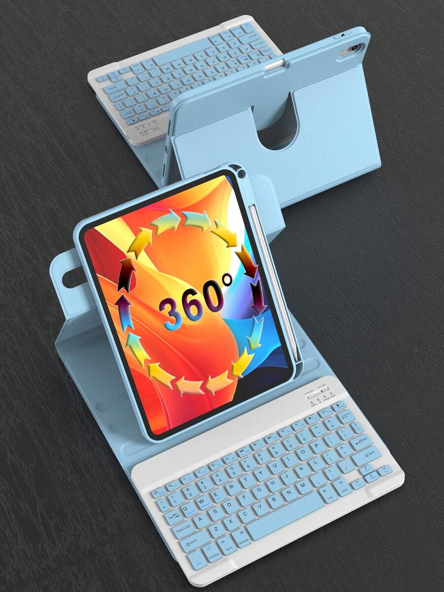 360°旋转键盘保护套，兼容iPad（A16）第11/10代、第7/8/9代，iPad Air第4/5代/(M2) 2024/(M3) 2025，iPad Pro 11英寸（2018/2020/2021/2022），PU皮革材质，内置可拆卸无线键盘，150mAh电池，Apple Pencil笔槽，浅蓝色