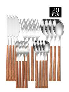 5/20/30件套不锈钢餐具套装，塑料手柄木纹设计，包含刀、叉、勺、甜点勺，适用于餐厅、酒店、婚礼、礼品 - 銀色 - 查看 7
