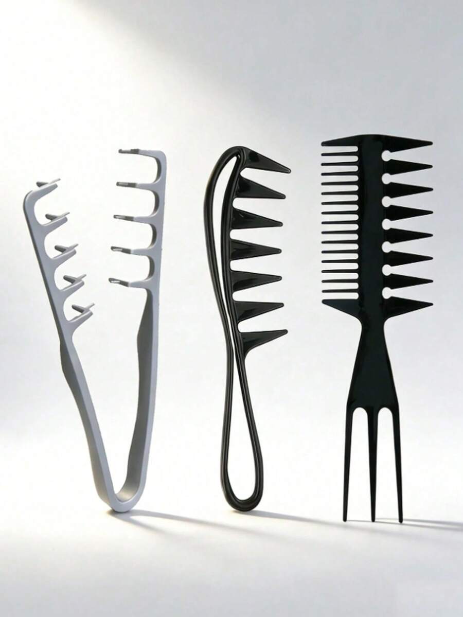 3pcs/Set Men's Salon Hairstyling Brush Set - Texture Oil Wide-Tooth Comb, Pompadour Texture Brush, Volumizing Double-Tooth Comb, Plastic Root Lifting Hair Clip Brush Combo