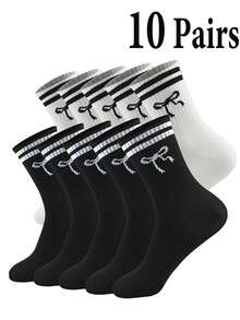 1/5/10 Pairs New Bow Tie Mid-Calf Socks, Thick Mid-Calf Socks With Striped Bow Tie Design, Suitable For Various Outfits, Unisex Couple Mid-Calf Socks