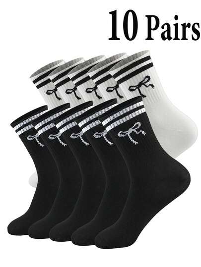 1/5/10 Pairs New Bow Tie Mid-Calf Socks, Thick Mid-Calf Socks With Striped Bow Tie Design, Suitable For Various Outfits, Unisex Couple Mid-Calf Socks