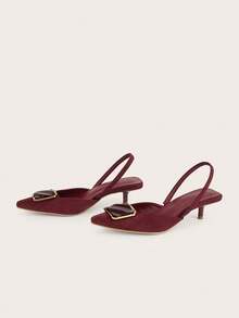 女士尖头蝴蝶结透气凉鞋，针织面料，猫跟，舒适无后跟套脚鞋 - 酒紅色 - 查看 3