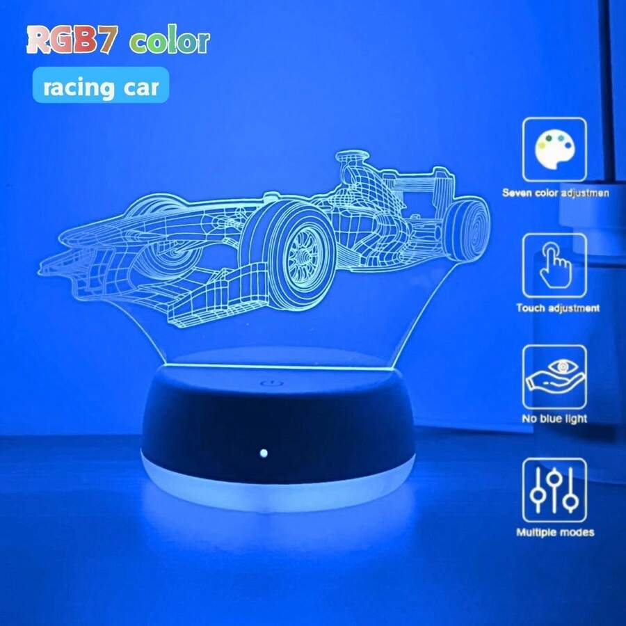 1pc 3D Racing Car Shaped Night Light, USB Powered, Touch Sensitive 7-Color Gradient, Creative Desk/Bedroom Atmosphere Lamp, Room Decor Light, Unique Night Light - Multicolor - View 1