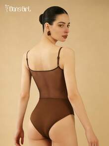 DonsGirl 女士芭蕾舞紧身衣 - 性感印花网纱荷叶边V领细肩带，法式优雅浪漫连体衣 | 全衬里和可拆卸胸垫 - 咖啡棕 - 查看 4