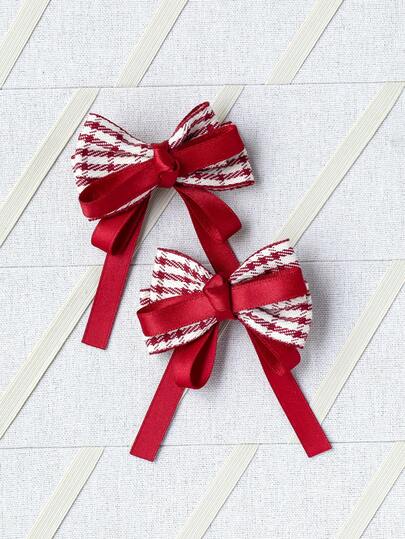 1 Pair Burgundy Bow Hairclips & Plaid Ribbon Hair Accessories, Handmade