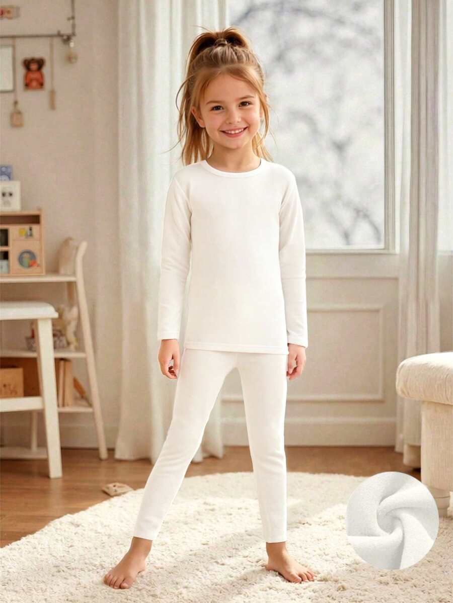Young Girls Thermal Underwear Set, Thermal Lined Top And Pants, Winter - White - View 1