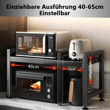 Extendable Black Kitchen Rack: 2 Tier Structure, 40 - 65cm, With 6 Hooks For Microwave Oven Holder, Utility Racks, Utility Racks - Black - View 3