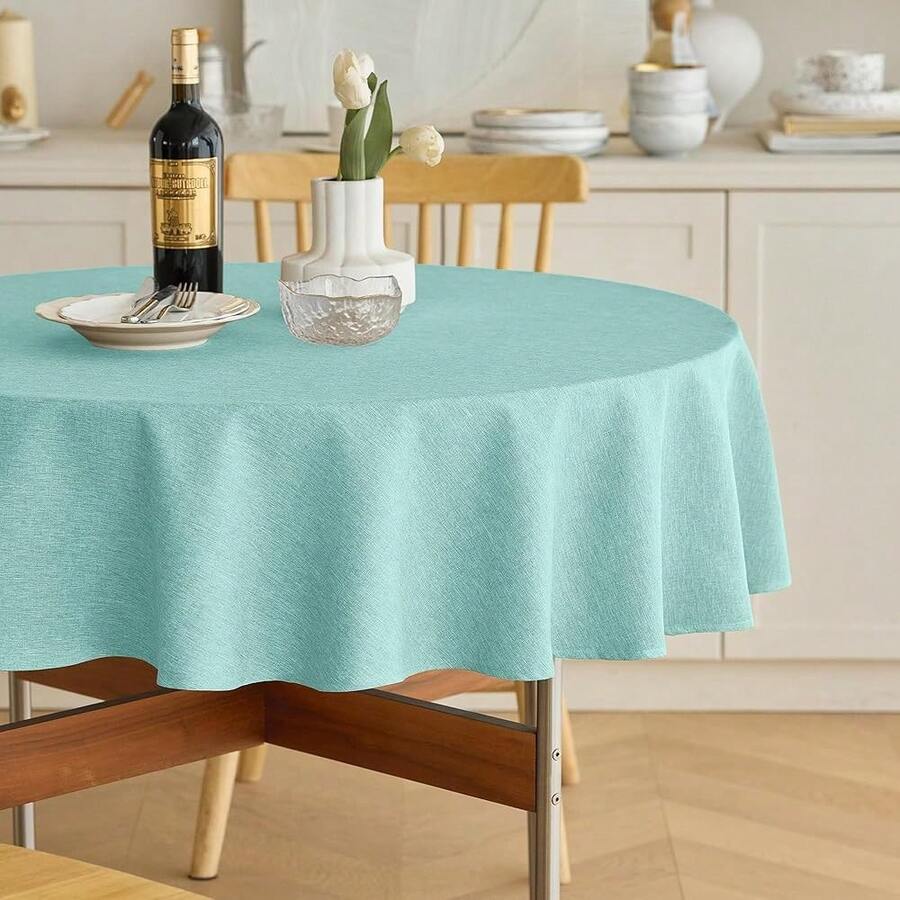 Waterproof Round Linen Texture Tablecloth 60 Inch, Decorative Farmhouse Tablecloths Anti-Scratch Table Cover For Holiday, Banquet, Dining& Kitchen Table (60 Inch, Round (2-4 Seats), Aqua),Aqua60inchRound - Aqua60inchRound - View 1