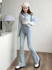 Quần jeans nữ ống đứng cạp cao đa năng với dây buộc phía sau, kiểu dáng thường ngày. - Màu xanh lam - Xem 4