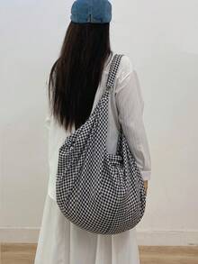 大容量格子图案单肩包，女士斜挎包，休闲百搭手提包，适合工作、学习、旅行 - 黑與白 - 查看 10