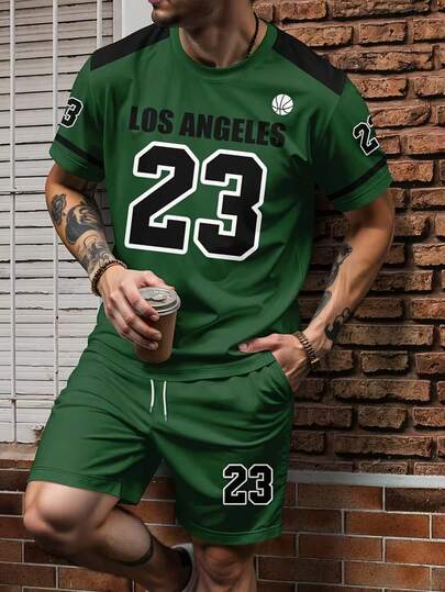 2pcs Men's Casual Printed Short Sleeve Shorts Set, Machine Washable