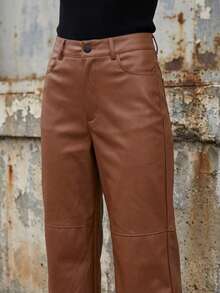High Waist PU Leather Pants - Rust Brown - View 5