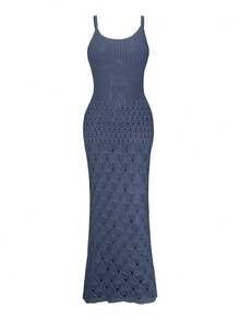 Women's Casual Hollow Out Sleeveless Knit Tank Dress For Beach Vacation, Summer Crochet Hollow Knit Beach Dress, Women's Vacation Bohemian V-Neck Cover Up Dress, Spring/Summer/Autumn - Navy Blue - View 5