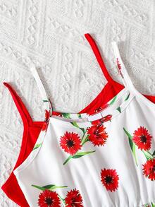 Set Gaun Suspender Puff Kasual Lucu & Elegan untuk Anak Perempuan Musim Semi/Panas, Warna Polos & Motif Bunga, Model 2 Potong - Merah - View 3