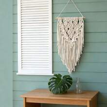 1pc Macrame Wall Hanging, Boho Style Wall Decor Tapestry, Handwoven Fringe Woven Wall Blanket Backdrop - Beige - View 3