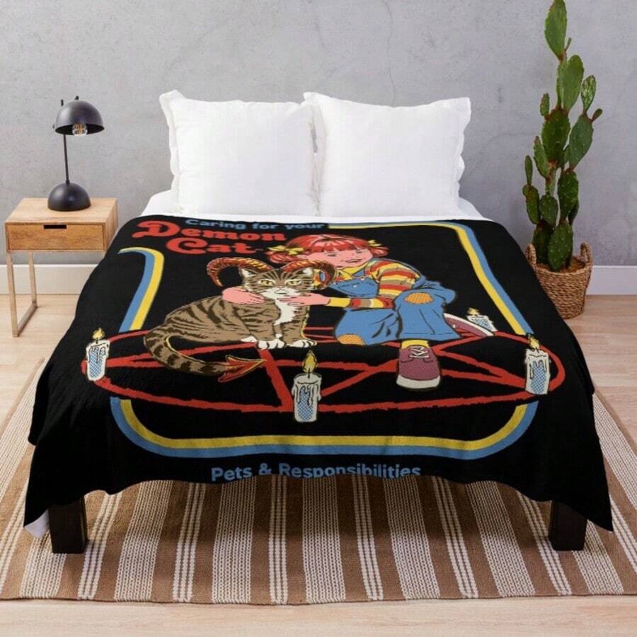 Caring For Your Demon Cat Humorous Occult Pet Care Themed Flannel Throw Blanket Ultra Soft Cozy Fleece For Goth Pet Owners - Màu sắc hình ảnh - Xem 1