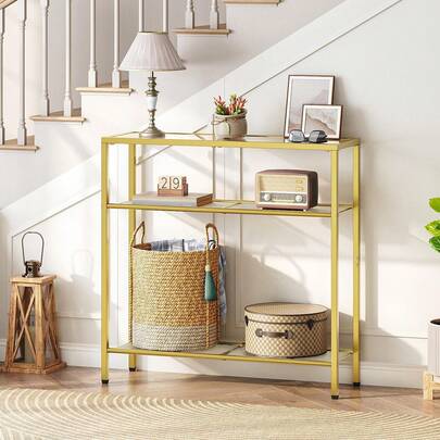 3-Tier Gold Console Table, Tempered Glass Sofa Table, Narrow Side Table, Modern Hallway Table, For Living Room, Foyer, Hallway, Bedroom, Metal Frame, Sturdy, Gold