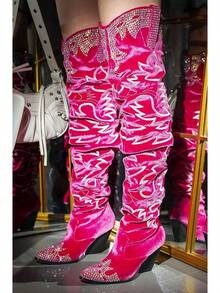 Women's Over-The-Knee Cowboy Boots, Rhinestone Embroidery, Western Style, Wide And Loose Fit, High-Top Boots, Memory Foam Insole, 3-Inch Chunky Heel - 紫紅色 - 查看 3
