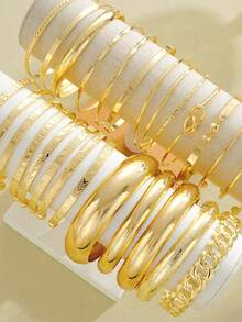 25/7 st. moderiktiga, minimalistiska, eleganta, utsökta smyckeset i vintagedesign, inklusive geometrisk spännkedja, flätade, hjärtpräglade, tvinnade, runda skivor, pärlbesatta, slät enkla, överdimensionerade manschettarmband, lämpliga för högtider, fester, dejter, presenter, vardagskläder - Gyllene - Visa 6