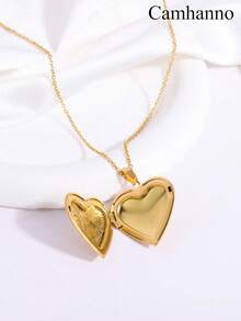 Camhanno 1件复古优雅不锈钢爱心相框项链，金色奢华百搭爱心吊坠，日常佩戴，节日礼物，生日礼物 - 彩色 - 查看 5