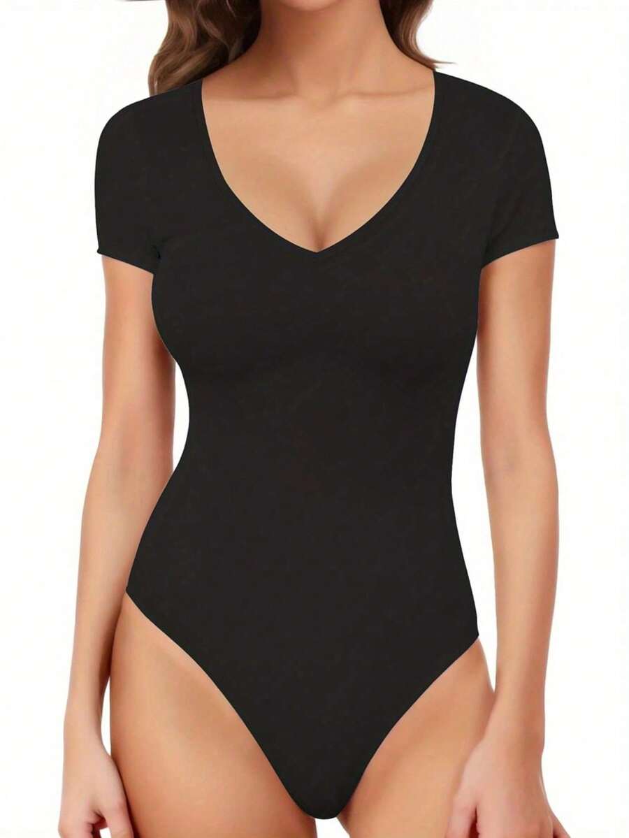 Women's Bodysuit, V-Neck Short Sleeve Slim Fit Tummy Control Basic Top - màu đen - Xem 1