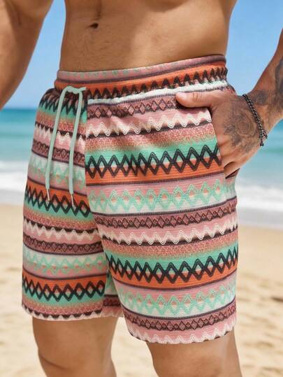 Pantalones cortos casuales de diseño elástico con cordón, de punto ondulado multicolor, de moda clásica personalizada, transpirables, adecuados para el ocio diario, salidas minimalistas de moda, playa, nuevo lanzamiento de verano