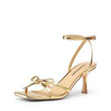 Women Stiletto Heeled Sandals With Bowknot Decor, Fashion Kitten Heels Square Open Toe Ankle Strap Heeled Sandals For Wedding Party Evening - Vàng - Xem 5