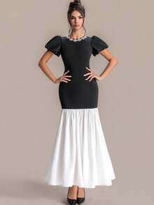 Women's Black & White Contrast Rhinestone Collar Puff Sleeve Fishtail Dress, Retro Elegant Style - Black - View 3