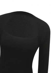 Sexy Black Long Sleeve Fitted T-Shirt For Women, Chic & Versatile Autumn Pullover Top