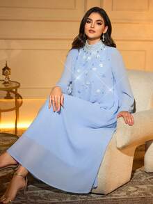 Solessence Elegant Long Sleeve Arabic Dress, Decorated With Pearl And 3D Rose Beaded Stand Collar, Woven Fabric - Sky Blue - View 3