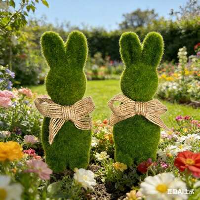 2 piezas Decoración de conejo con textura de musgo simulado verde, adecuada para decoración del hogar interior y exterior, decoración de jardín y plantas en maceta de jardín de pradera